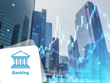 Futuristic cityscape with tall glass skyscrapers. Overlaid with digital graphs and a banking icon, conveying finance and technology themes.