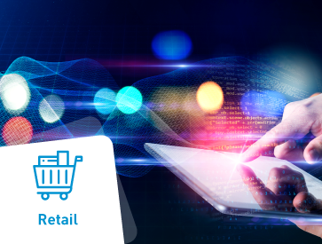 A hand interacts with a glowing tablet against a backdrop of vibrant, abstract lights, with a retail icon