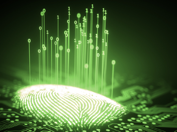 green fingertip with binary represents data